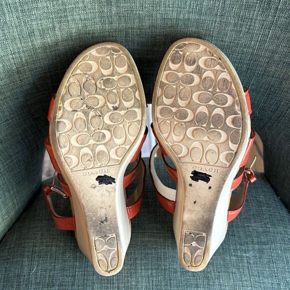 Coach Fran Wedge Ankle Strap Sandals Women sz 7 orange platform patient leather - Picture 8 of 9